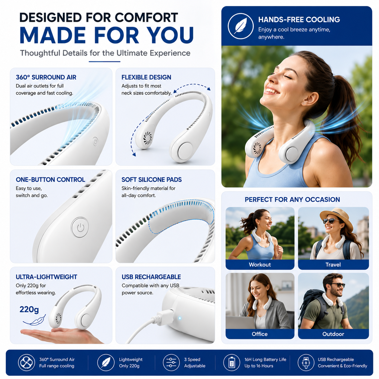 Portable Vaneless Neck Fan – 360° Hands-Free USB Rechargeable Cooling Fan