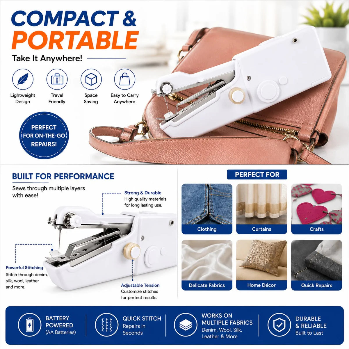 Mini Handy Stitch Sewing Machine – Portable Big Stitch Handheld Sewing Machine for Quick Fabric Repairs